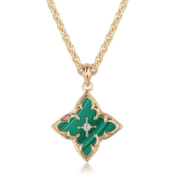 Jewelry - Gold Clover Necklace Women Dainty 14K Gold Dark Green Pendant Adjustable Chain